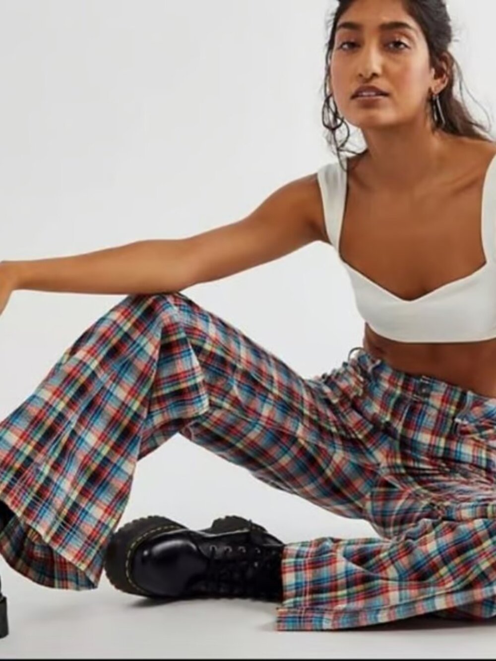 Free People Cristina Low-Rise Plaid Flare Pants | Size 10 | Retro Cotton